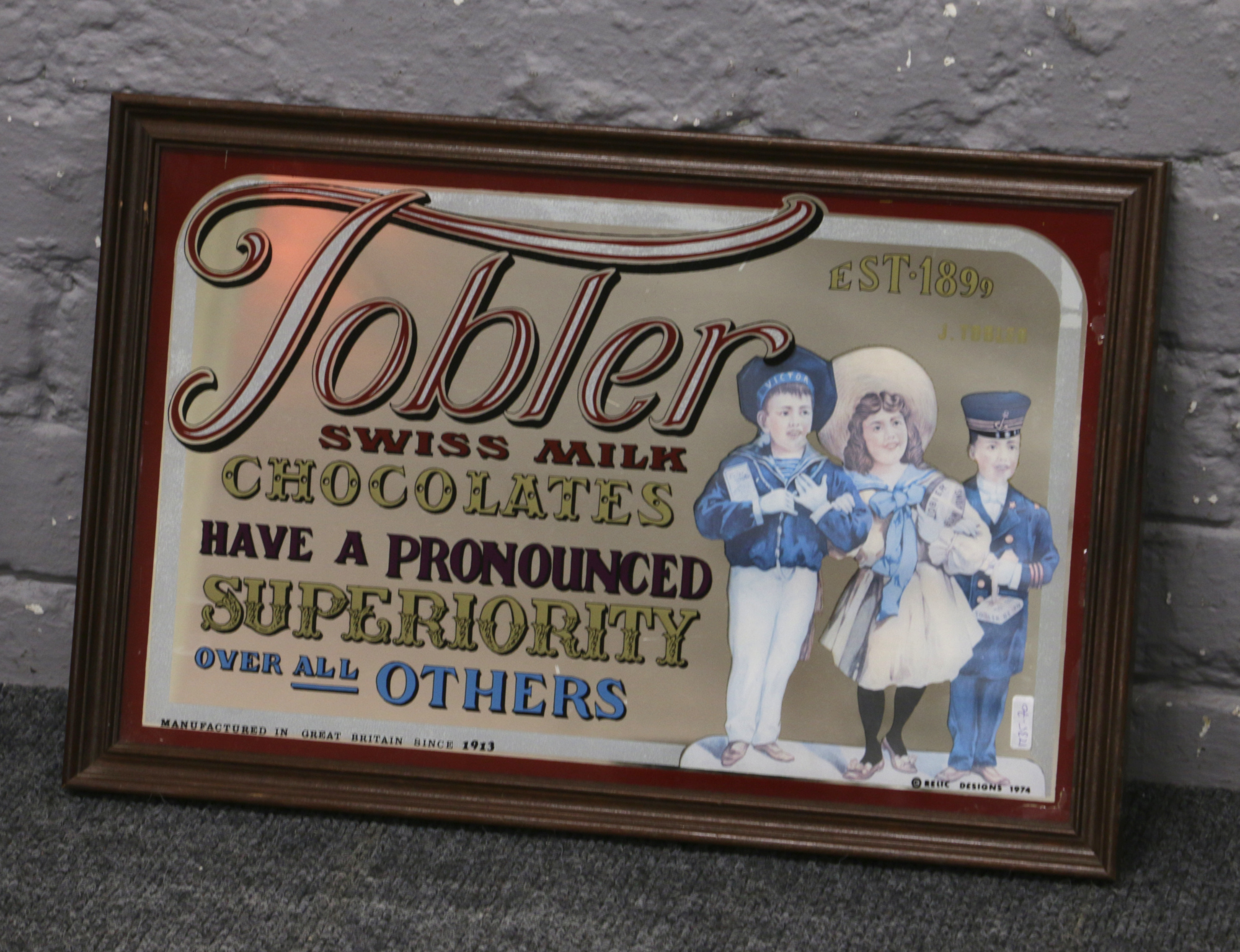 A framed advertising mirror for Tobler Swiss Milk Chocolates c.1974.