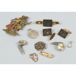A quantity of cufflinks and pin badges including 24ct gold plated examples, along with a miners