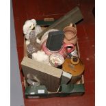 A box of miscellaneous pottery, china, glass and cutlery, glass eyed mantel dogs, R. A. Timmins &