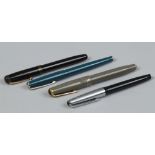 Four fountain pens to include 14ct gold nib, Alfred Gilbert & Son Ltd example.