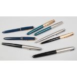 Eight Parker pens to include 14ct gold nib fountain pen example.