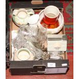 A box of miscellaneous including a silver and cut glass specimen vase, Radford vase, Poole etc.