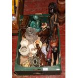 A box of miscellaneous including a carved hardwood figure of a man, composite models of horses,