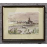 A framed watercolour depicting a coastal landscape, signed Ducat.