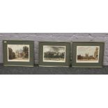 Three gilt framed coloured engravings, Harrow Church and School, Eton College and Charter House.