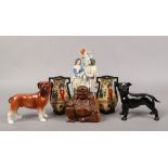 A quantity of collectables including Staffordshire flatback figure group, hardwood carving of a