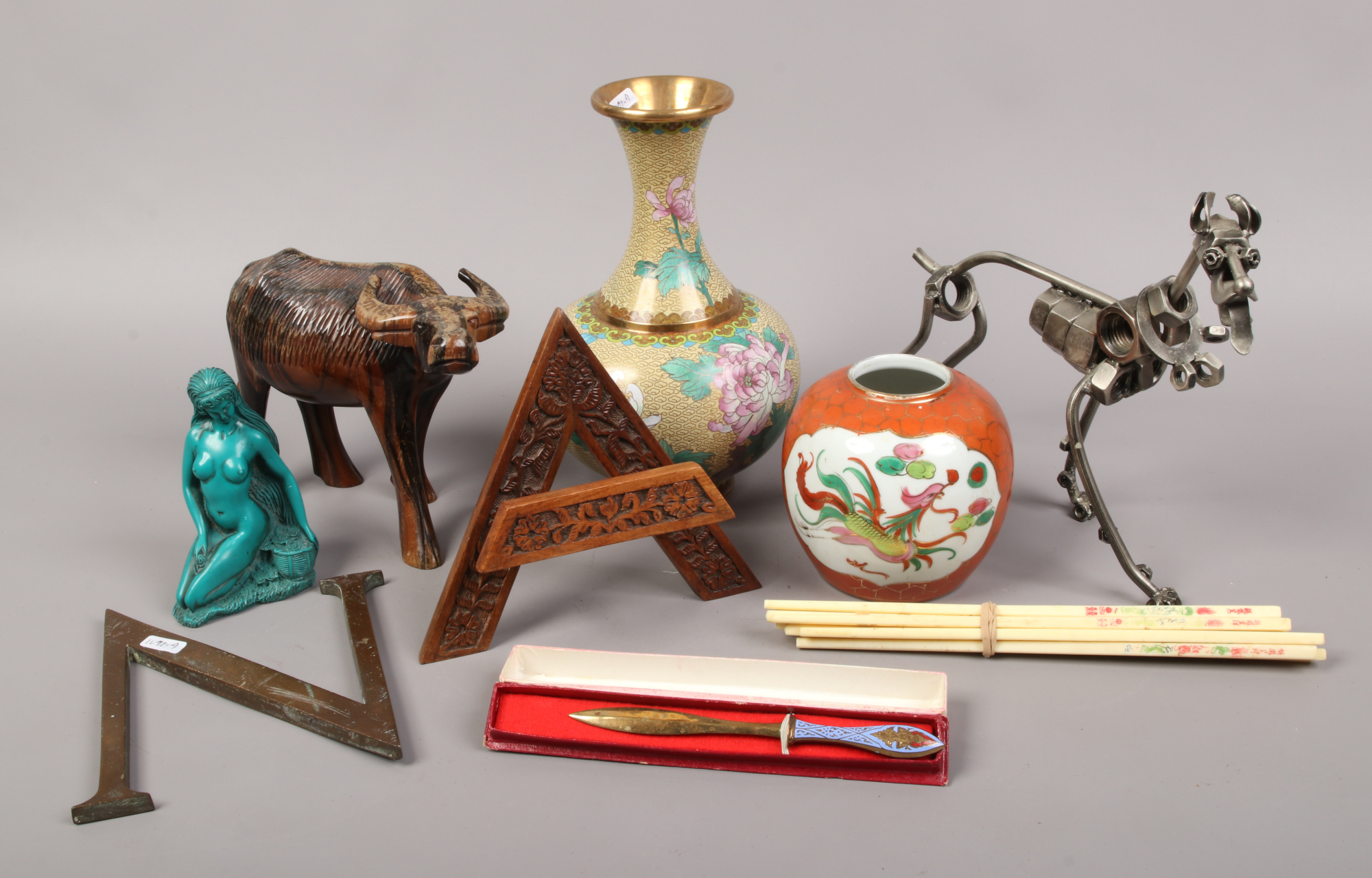 A group of collectables to include cloisonne vase, hardwood buffalo, chopstick etc.