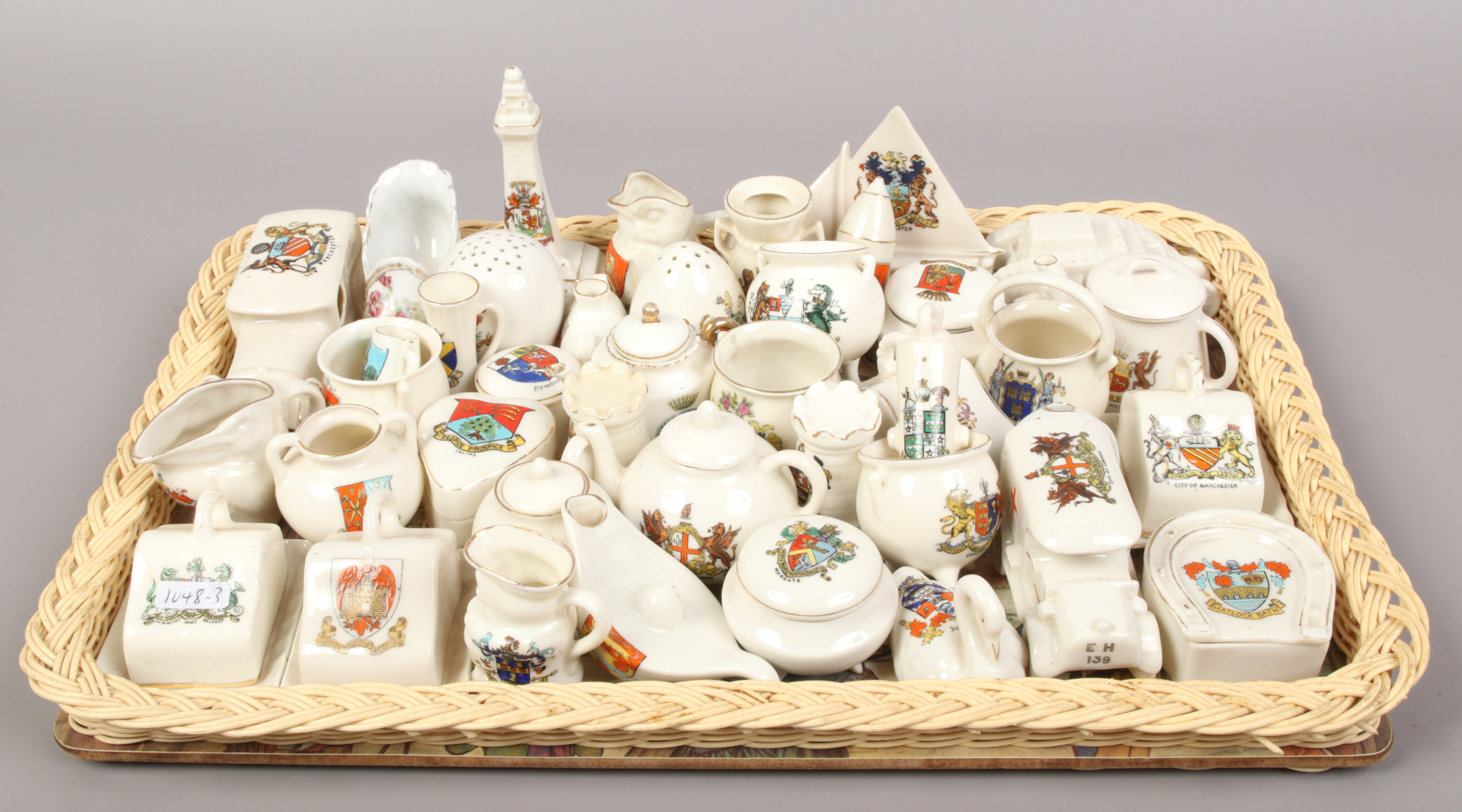 A tray of crested china to include Goss, Arcadian, Palatine etc.Condition report intended as a guide