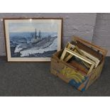 A box of pictures frames and a framed pastel study of a Royal Navy aircraft carrier.