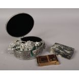 A white metal ovoid jewellery box and contents of jewellery including aurora borealis beads,