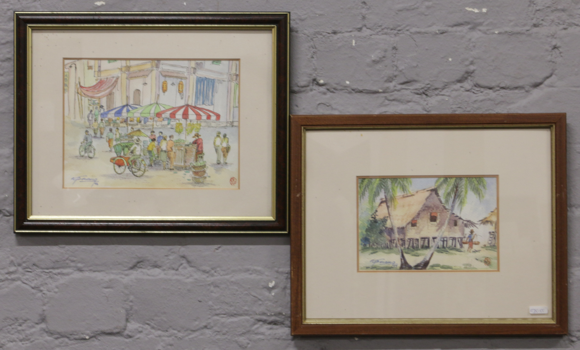 P. Frang, two small framed watercolours, oriental street and village scene, signed and with seal