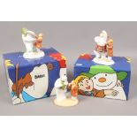 Three Coalport characters of The Snowman to highland fling, Hush! Don't Wake Them and Dancing at The