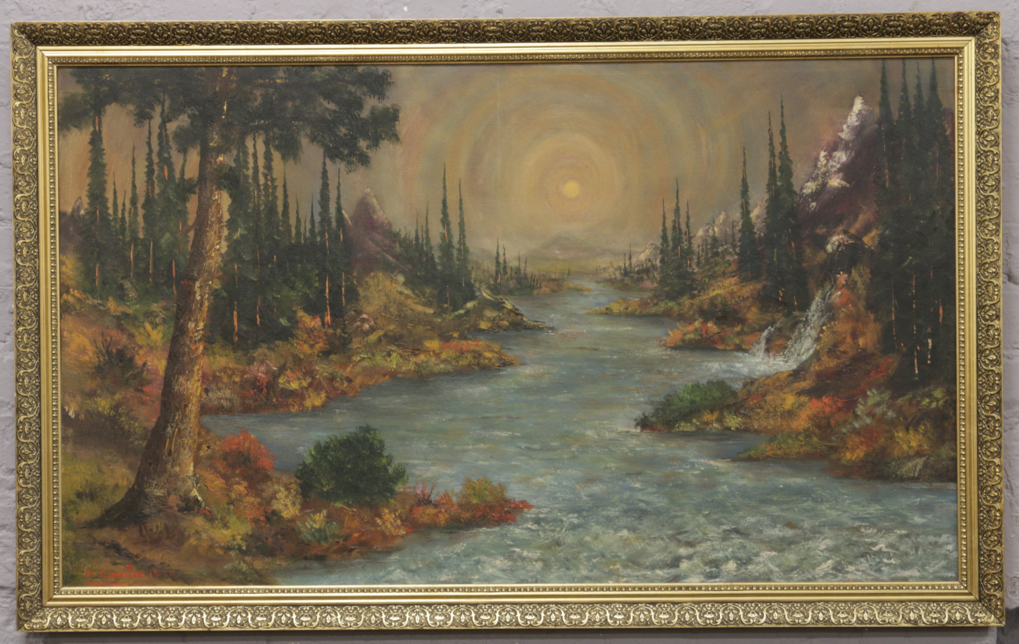 B. Dexter, a gilt framed oil on canvas a mountainous river landscape, signed and dated 1977.