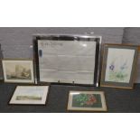 A quantity of framed prints and pictures including watercolour landscape, along with a framed 1850