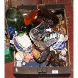 A box of miscellaneous collectables including cherub table lamp, nursery ware pottery tea set,