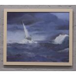 A framed oil on canvas, seascape with ship, titled to the back 'Ever Near the Rocks, signed Huldrick