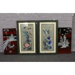 A pair of framed silk embroideries of colourful birds and flowers, along with a pair of oriental