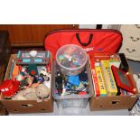 Three boxes of children's toys to include Action Man figures, My First Scalextric, Etch a Sketch,