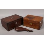 Two Victorian wooden boxes including a mother of pearl inset example, along with a leather mounted