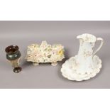 A 19th century English porcelain basket, along with a Royal Doulton Slaters patent vase and a