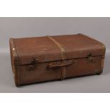 A vintage woodbound steamer trunk.