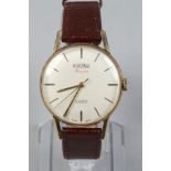 A gentleman's 9ct gold cased Roamer Premier manual wristwatch. With satin dial, baton markers and