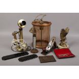 A group of collectables to include hanging lantern, finger plates, Rex plane, stick telephone etc.