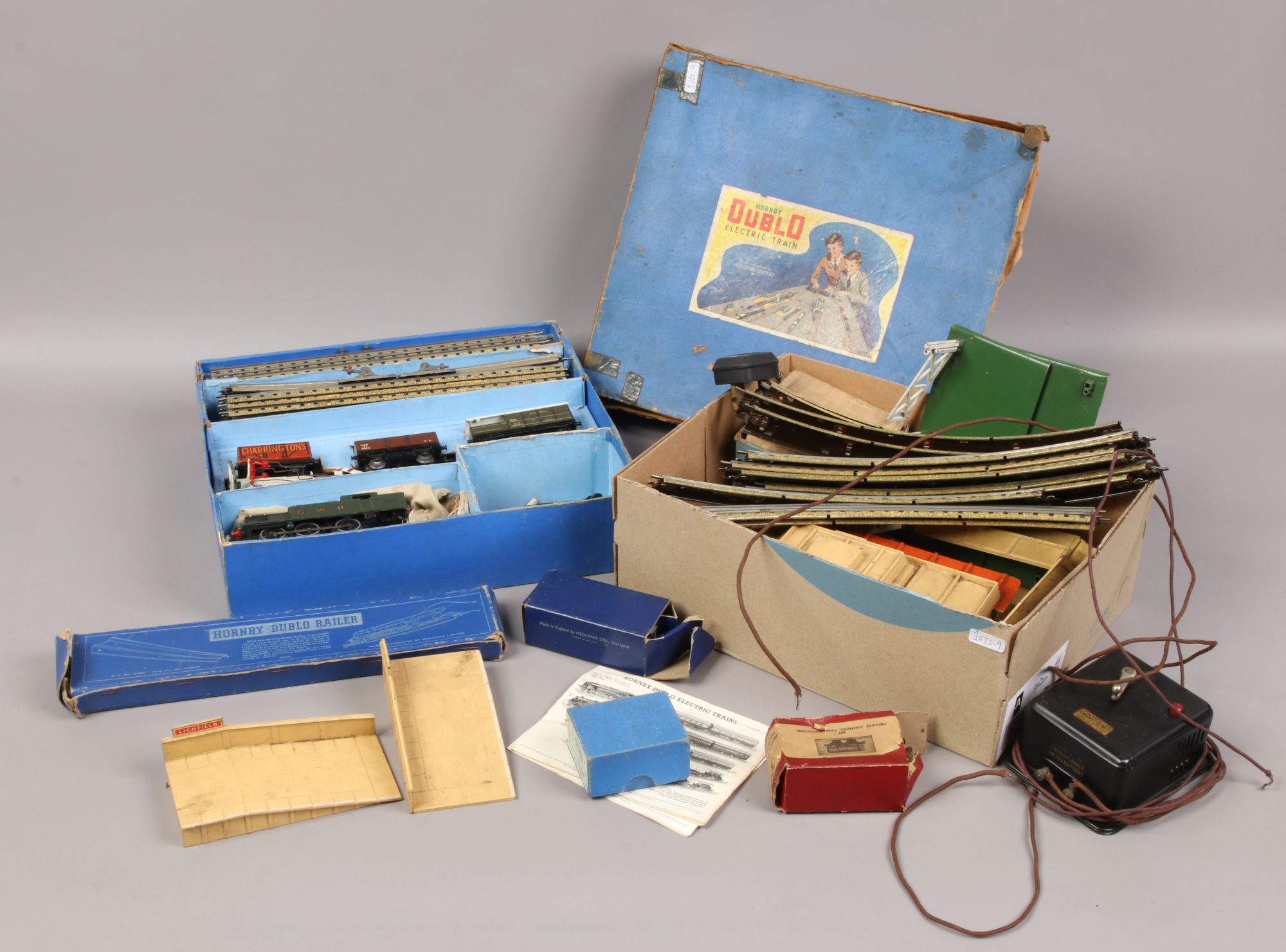 A vintage boxed Hornby Dublo electric train set, including engine, rolling stock, track etc, along