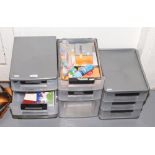 Three plastic sets of drawers with contents of crafting items to include drawing equipment, melt