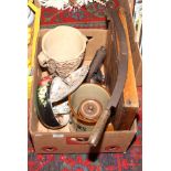 A box of miscellaneous to include guillotine, blow lamp, large stoneware mug etc.