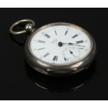 A silver cased Mathey pocket watch with subsidiary dial and Roman numeral markers.