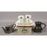 A group lot to include pewter jug, silver plate teapot, Edinburgh crystal drinking glasses etc.