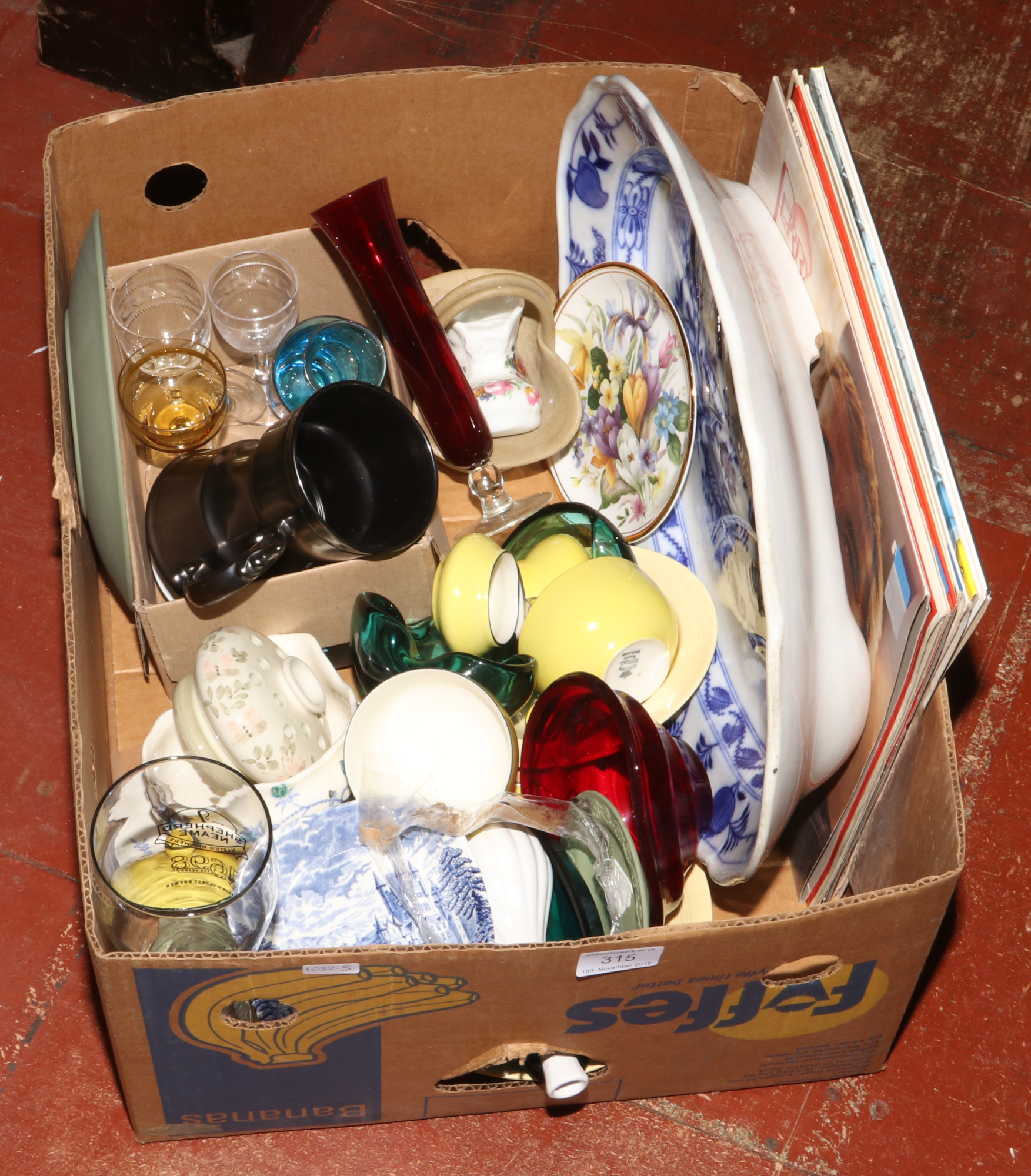 A box of miscellaneous ceramics and glass to include Beswick gun metal effect tankard, Crown Ducal