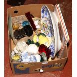 A box of miscellaneous ceramics and glass to include Beswick gun metal effect tankard, Crown Ducal