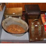 A brass bound mahogany coal scuttle along with two log boxes and a tin wash tub.