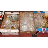 Three boxes of glassware, mostly cut crystal including bowls, dessert dishes, drinking vessels and