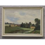 An E. J. Wilson framed oil on board, river landscape scene.