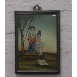 A reversed painted Chinese scene of two Geisha girls.Condition report intended as a guide only.Glass