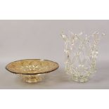 A large openwork glass vase, H 31cm diameter 30cm along with amber glass bowl with a similar design,