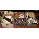Three boxes of miscellaneous to include vintage kitchenalia, enamel bread bin, wood carved figure,
