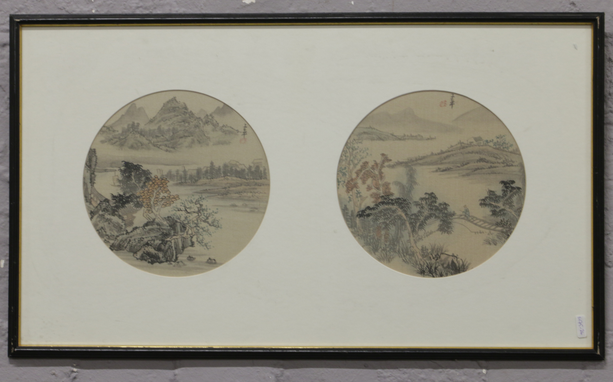 A pair of early 20th century Chinese paintings on silks framed as one.Condition report intended as a