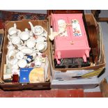 Two boxes of miscellaneous to include presentation mantle clock, Johnson Brothers teawares, Royal