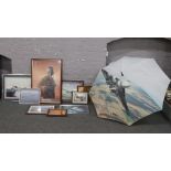 Nine framed aviation pictures including Vulcan and Lancaster bombers, Phantom Pilot Rhino Driver