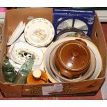 A box of ceramics, glass and stoneware to include pancheon, cook pot advertising cod bottles,