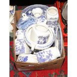 A box of blue and white dinnerwares and storage jars, to include Regal Blue Willow, Churchill etc.