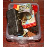 A box of vintage advertising tins to include Oxo cubes, Ringtons, Riley's toffee etc.