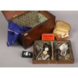 An oak box and contents of cufflink, wristwatches, pens etc.