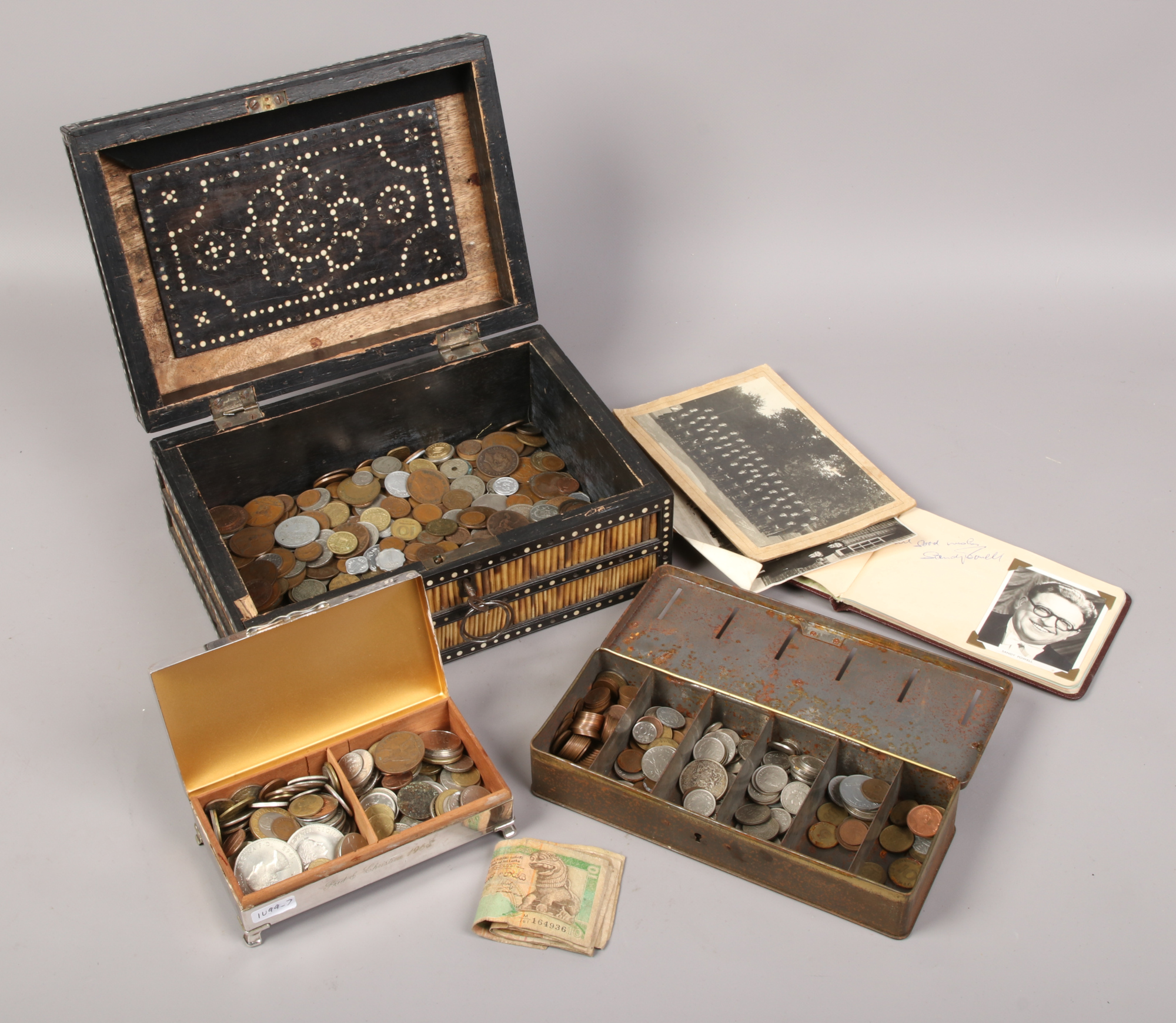 An Anglo Indian porcupine quill box, silver plate cigarette box and cash tin, all with contents of