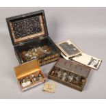 An Anglo Indian porcupine quill box, silver plate cigarette box and cash tin, all with contents of
