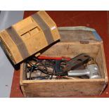 A wooden tool box and contents of vintage tools, Black and Decker drill, hammers, Stilsons etc along
